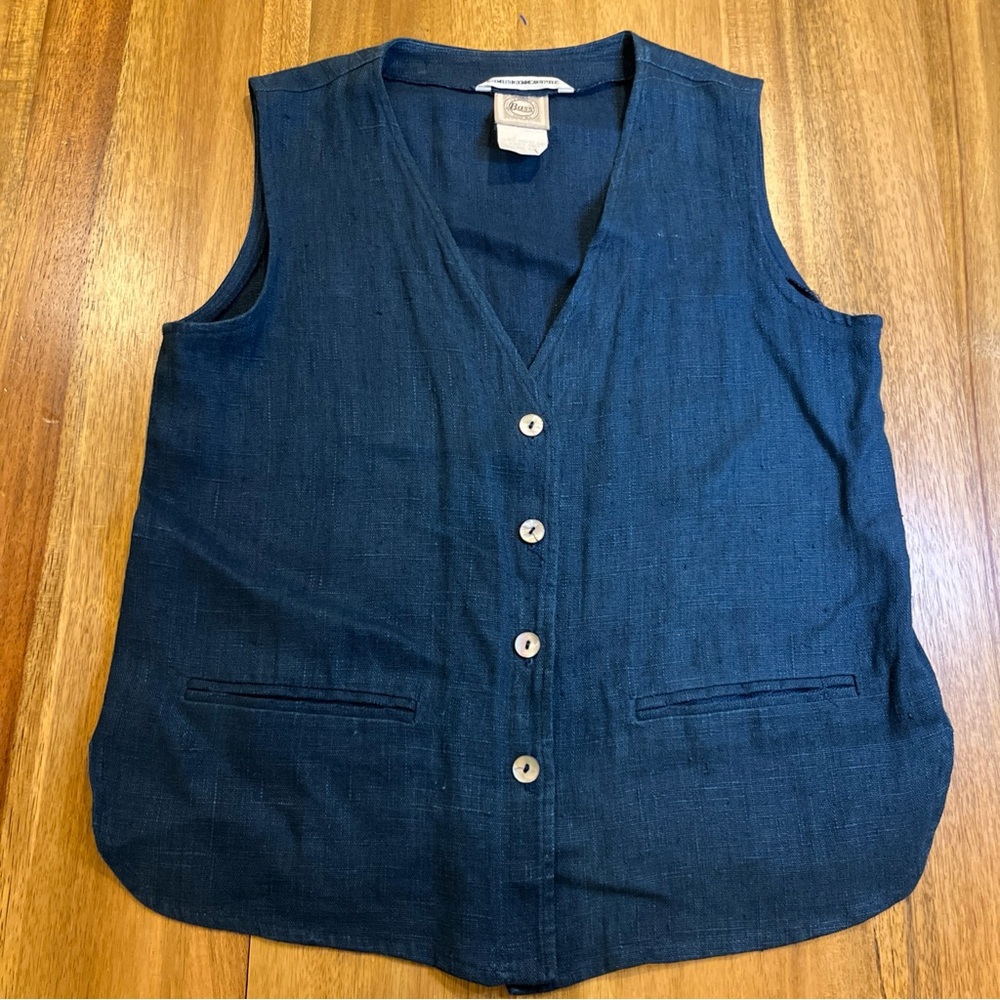 VTG GH Bass 100% Linen Vest Blue Button Front Size 8 Coastal Chic 90s Lagenlook
